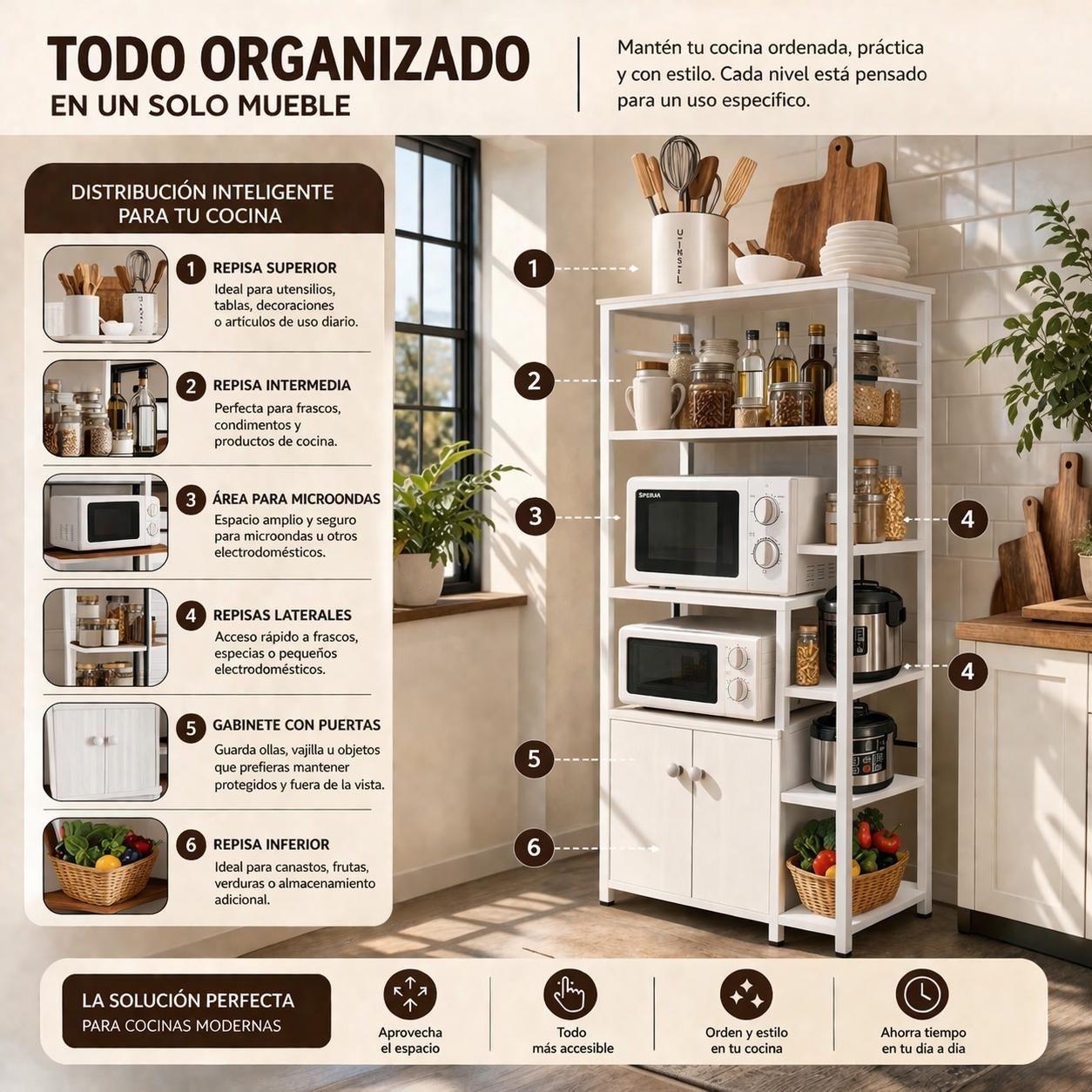 Mueble Organizador de Cocina Estantes Gabinete 4 Niveles Estante Cocina Multifuncional 80x30x12-3