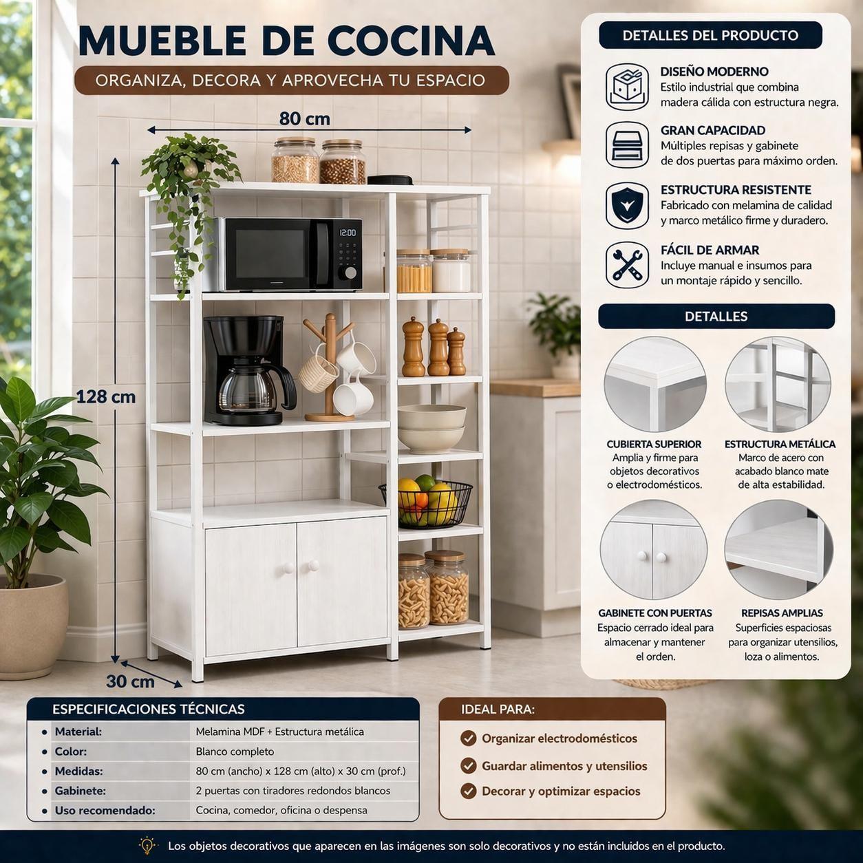 Mueble Organizador de Cocina Estantes Gabinete 4 Niveles Estante Cocina Multifuncional 80x30x12-6