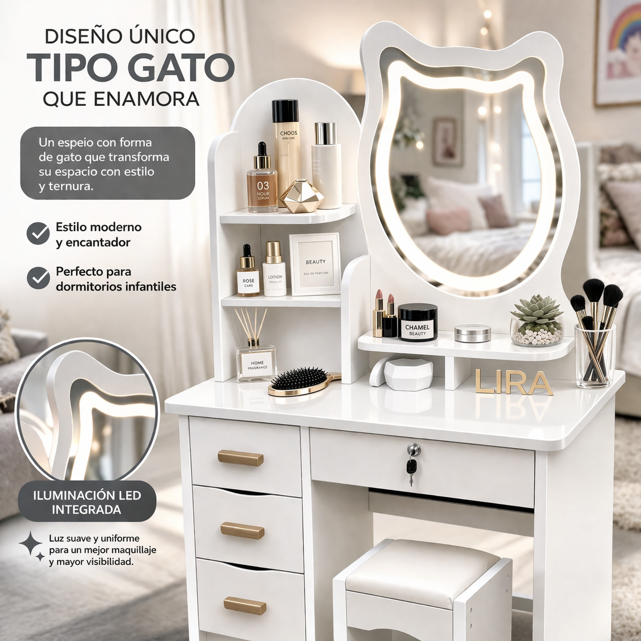 Tocador Infantil Espejo Luz Led Gato Cajones Taburete 120x80x34cm Blanco-3