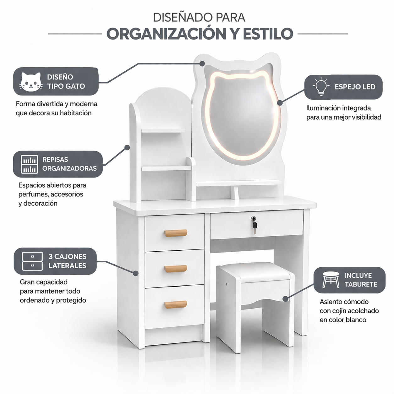Tocador Infantil Espejo Luz Led Gato Cajones Taburete 120x80x34cm Blanco-4