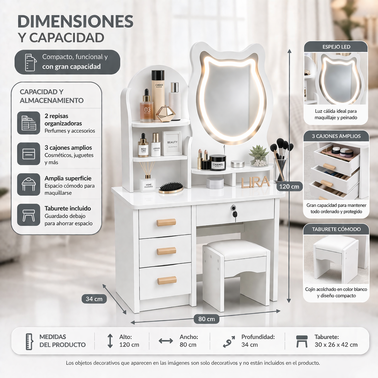 Tocador Infantil Espejo Luz Led Gato Cajones Taburete 120x80x34cm Blanco-5