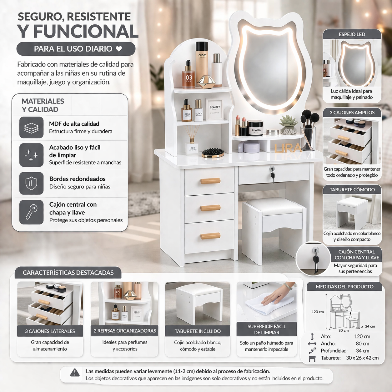 Tocador Infantil Espejo Luz Led Gato Cajones Taburete 120x80x34cm Blanco-6