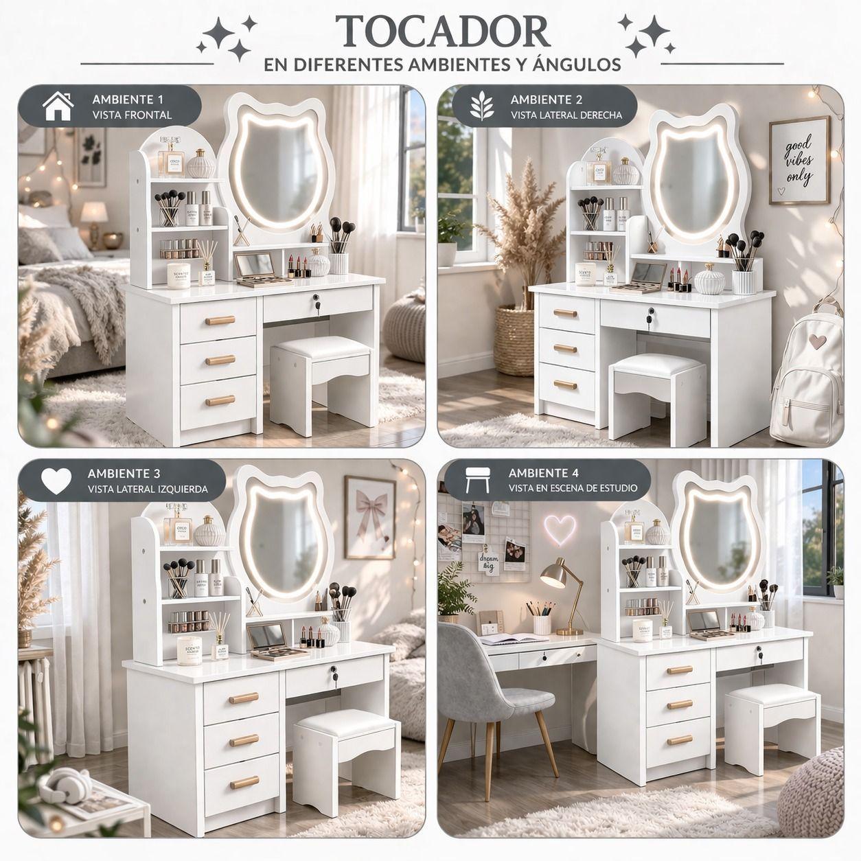 Tocador Infantil Espejo Luz Led Gato Cajones Taburete 120x80x34cm Blanco-7