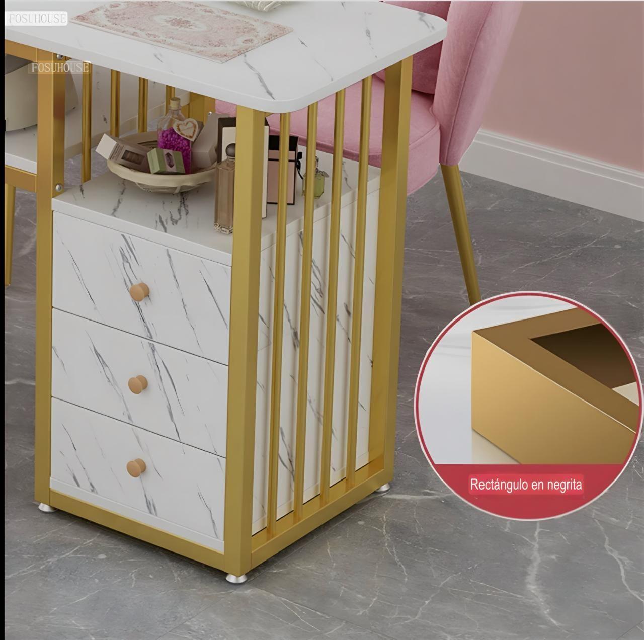 Mesa de Manicure Profesional con Cubierta Efecto Mármol y 3 Cajones-6