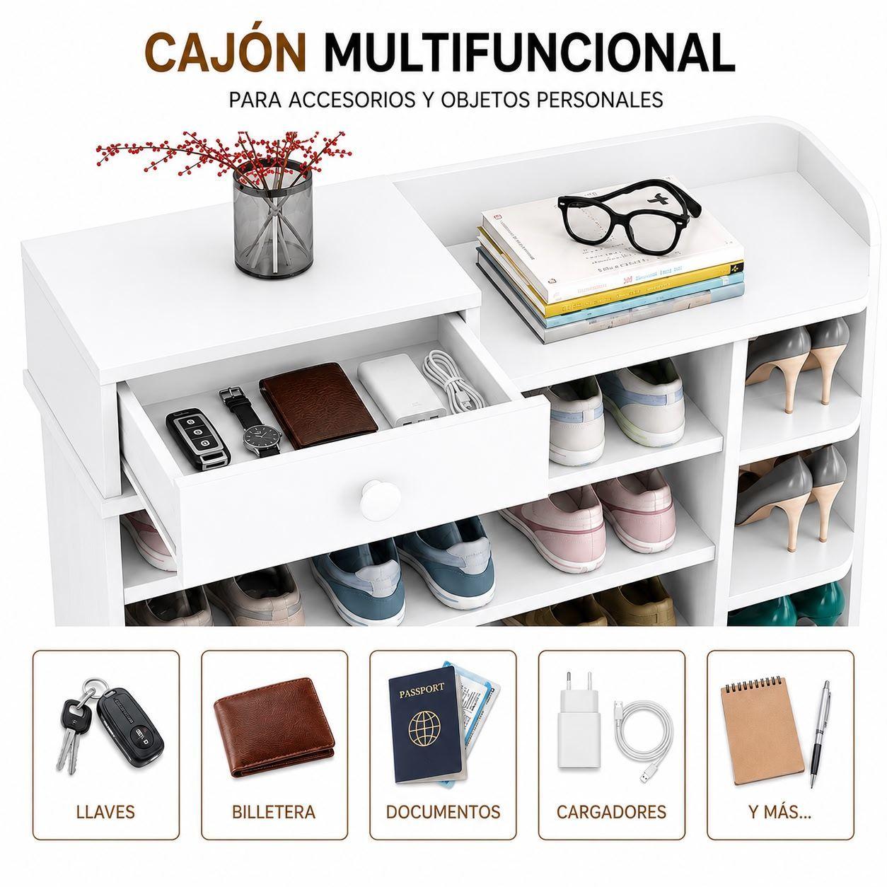 Zapatero Organizador de Madera 8 Niveles con Caj n y Repisas Laterales Gran Capacidad 100x24x106-2