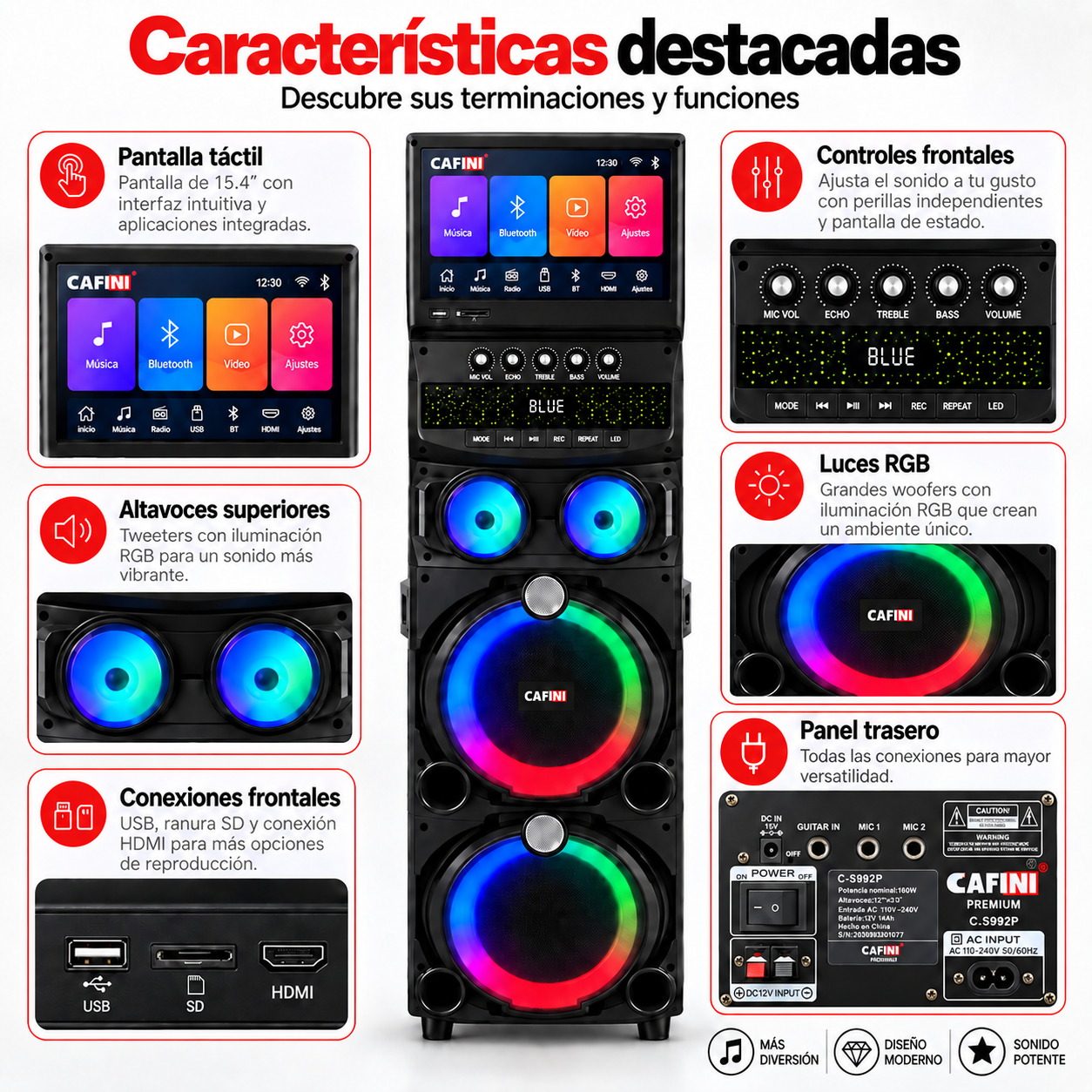 Torre de Sonido Karaoke Cafini C S992P 160W Pantalla 15 4 Pulgadas 2 Micr fonos Control Remoto RGB-3