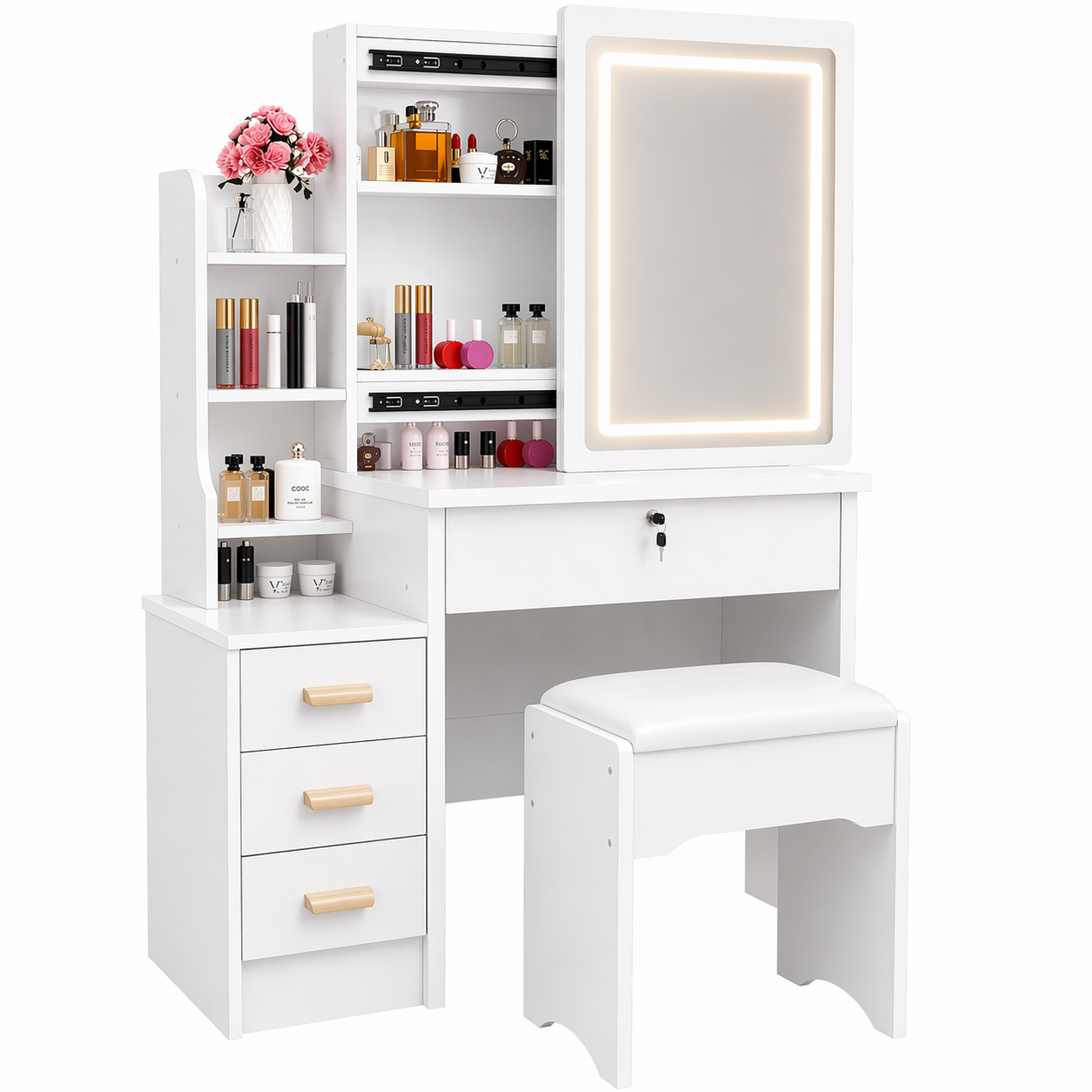 Tocador Infantil con Espejo LED y Banqueta Blanco 130x80x36 cm Mesa de Maquillaje con Cajones y Alm-0