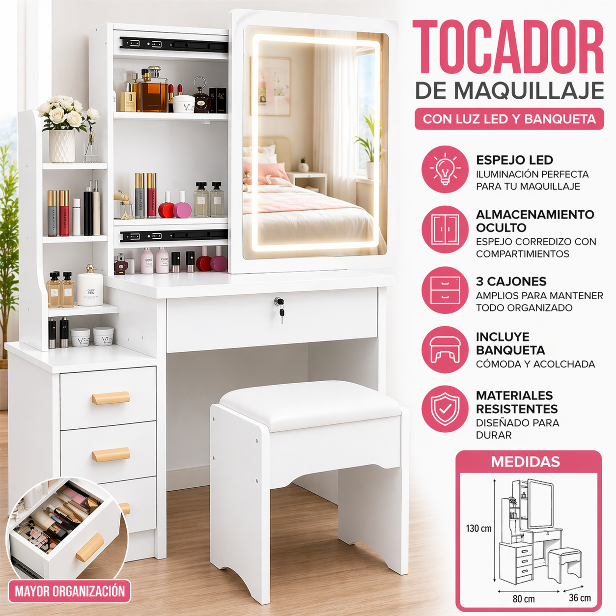 Tocador Infantil con Espejo LED y Banqueta Blanco 130x80x36 cm Mesa de Maquillaje con Cajones y Alm-1