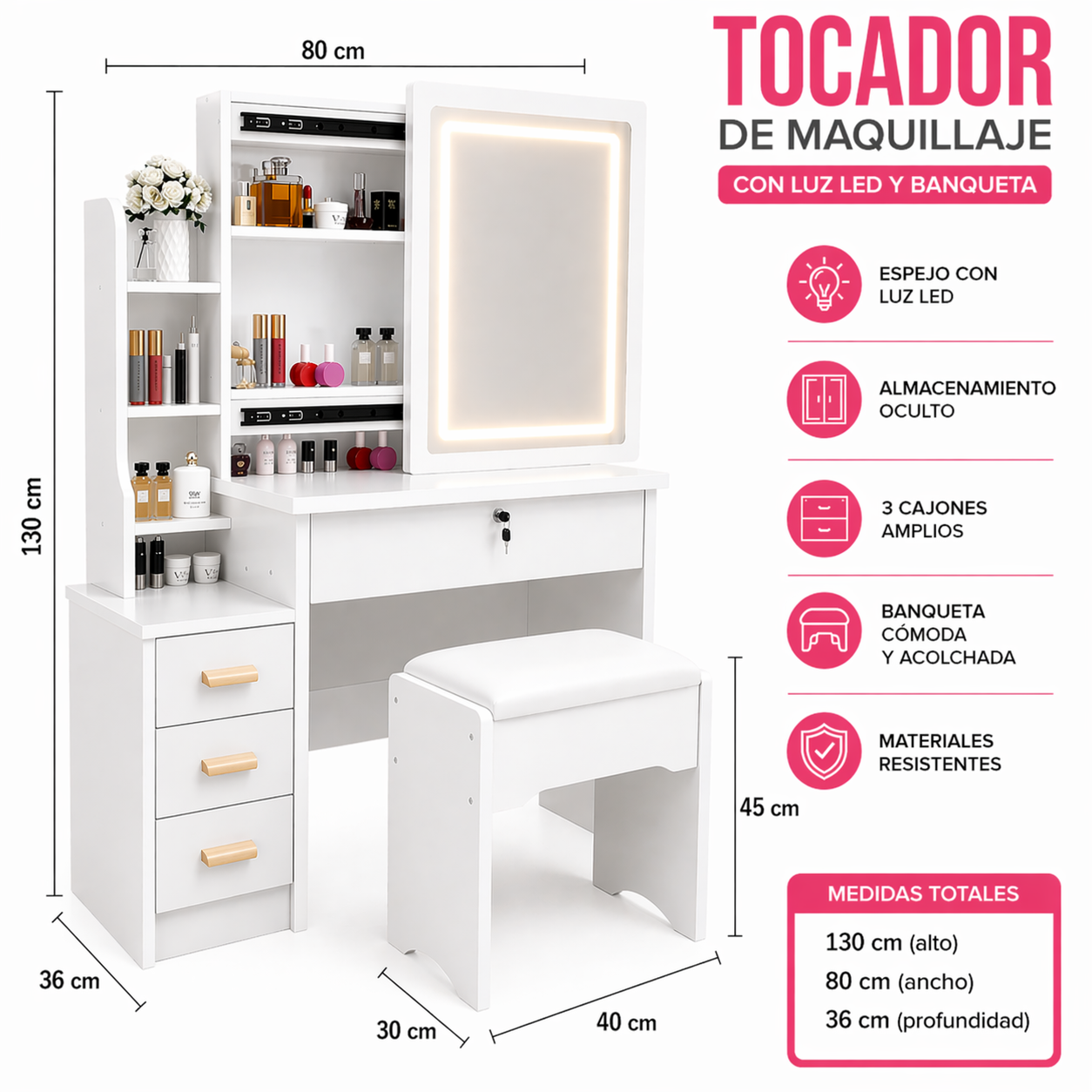 Tocador Infantil con Espejo LED y Banqueta Blanco 130x80x36 cm Mesa de Maquillaje con Cajones y Alm-2
