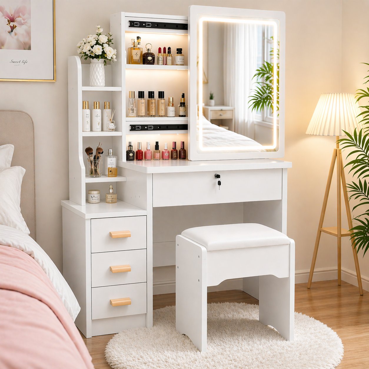 Tocador Infantil con Espejo LED y Banqueta Blanco 130x80x36 cm Mesa de Maquillaje con Cajones y Alm-3