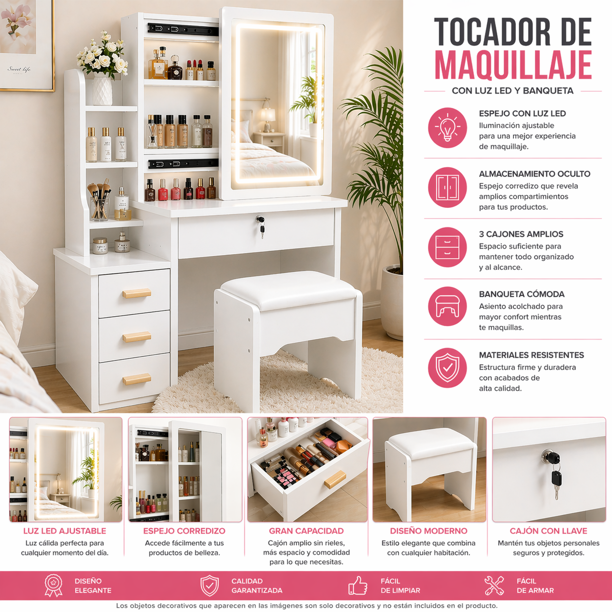 Tocador Infantil con Espejo LED y Banqueta Blanco 130x80x36 cm Mesa de Maquillaje con Cajones y Alm-4