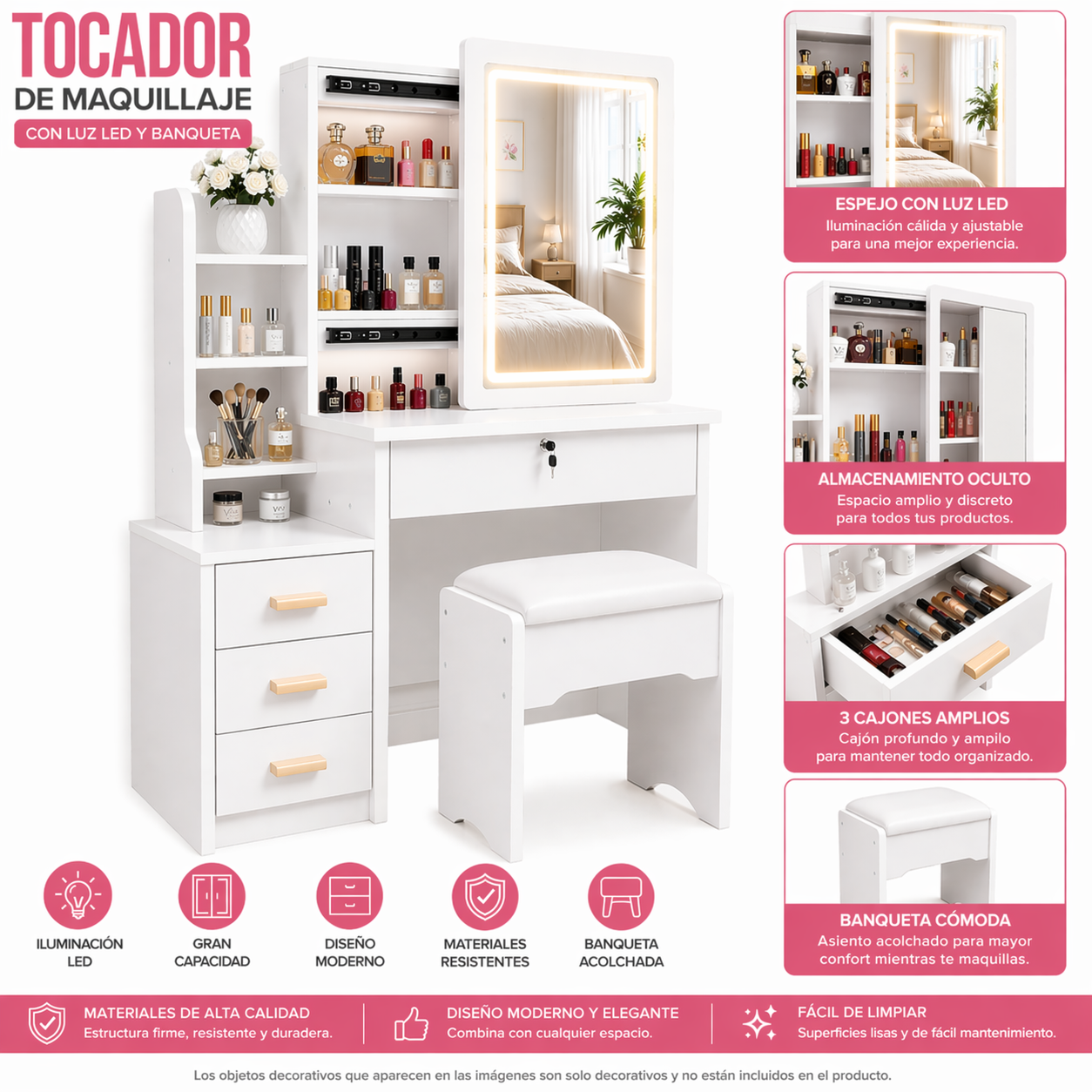 Tocador Infantil con Espejo LED y Banqueta Blanco 130x80x36 cm Mesa de Maquillaje con Cajones y Alm-5