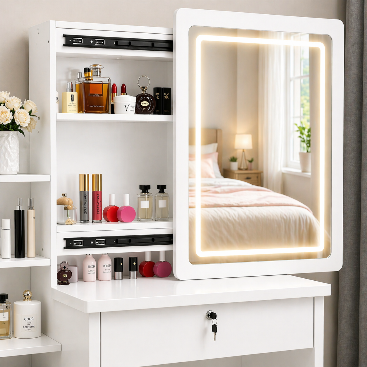 Tocador Infantil con Espejo LED y Banqueta Blanco 130x80x36 cm Mesa de Maquillaje con Cajones y Alm-6