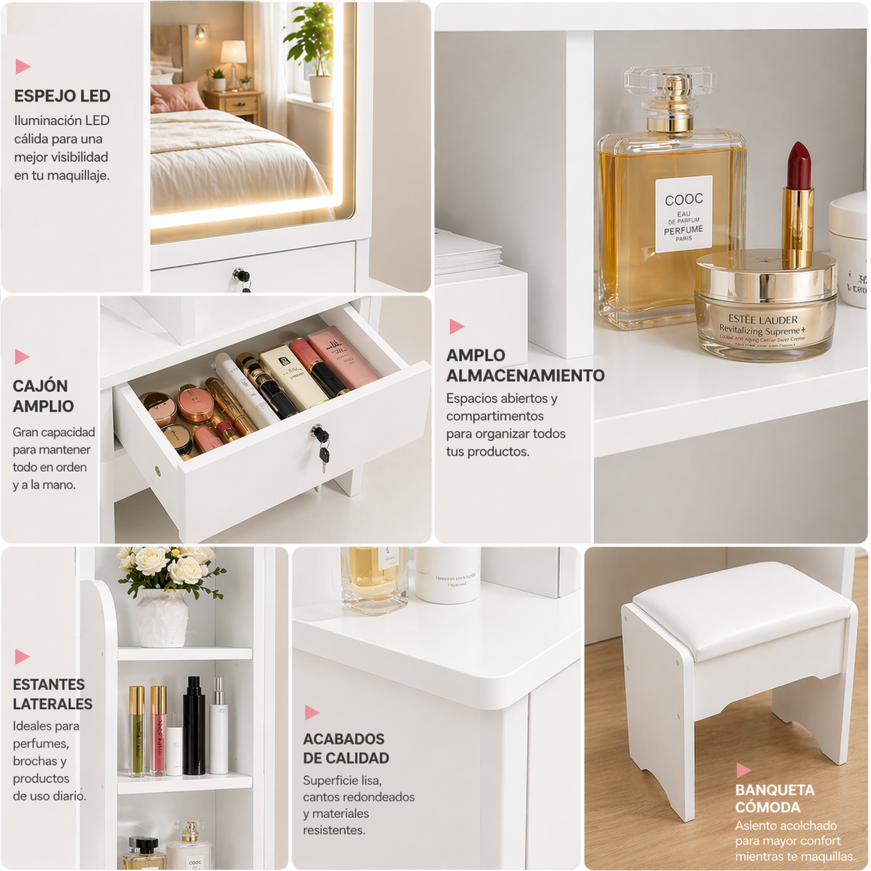 Tocador Infantil con Espejo LED y Banqueta Blanco 130x80x36 cm Mesa de Maquillaje con Cajones y Alm-7