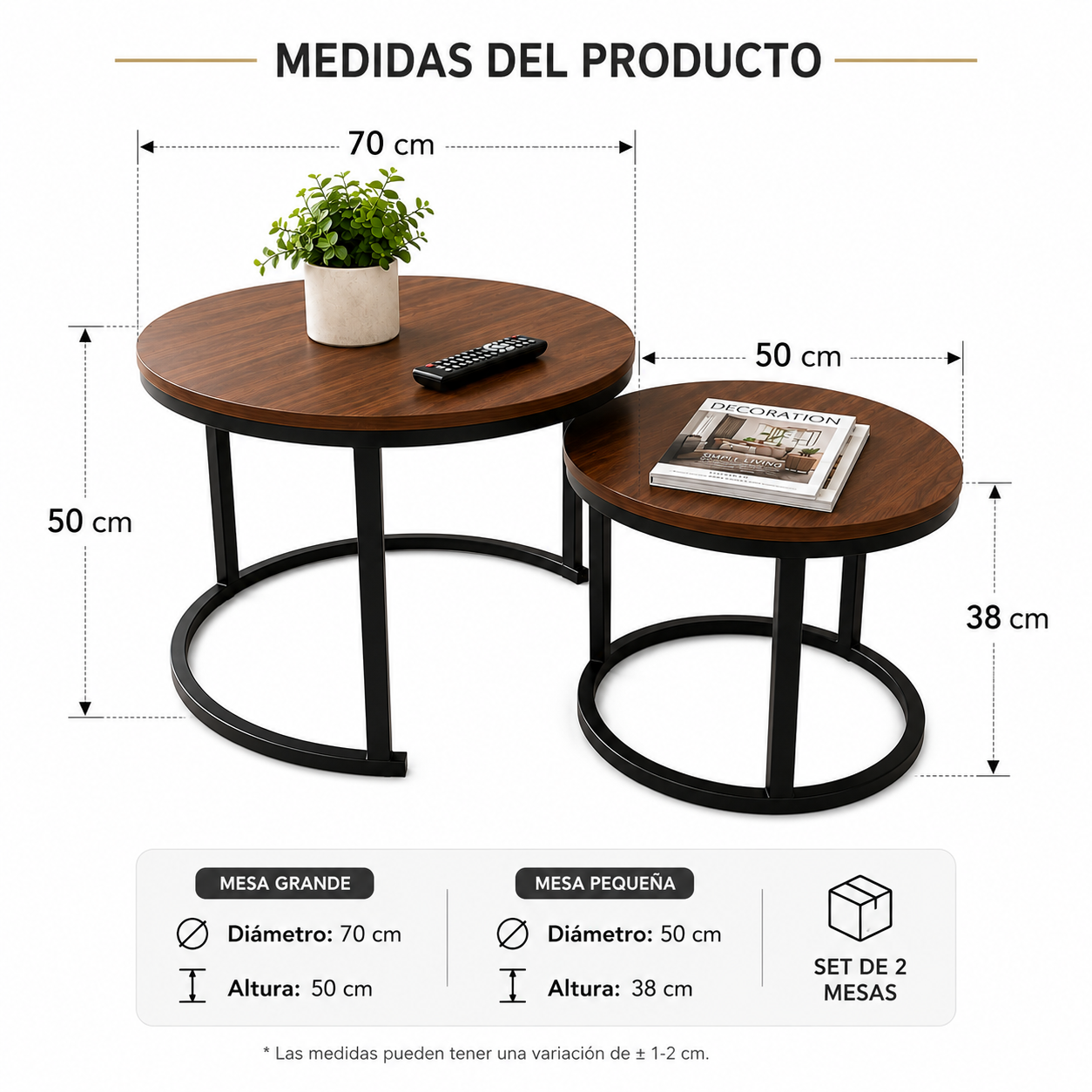 Set de 2 Mesas Nido Redondas para Living y Sala de Estar Mesa Auxiliar 70 y 50 cm-3