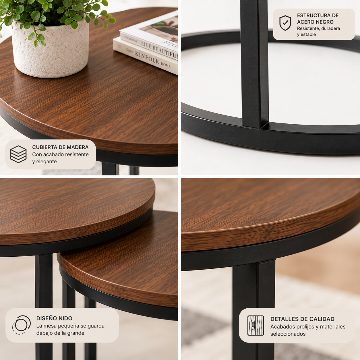 Set de 2 Mesas Nido Redondas para Living y Sala de Estar Mesa Auxiliar 70 y 50 cm-4