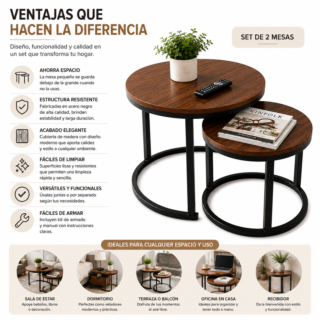 Set de 2 Mesas Nido Redondas para Living y Sala de Estar Mesa Auxiliar 70 y 50 cm-5