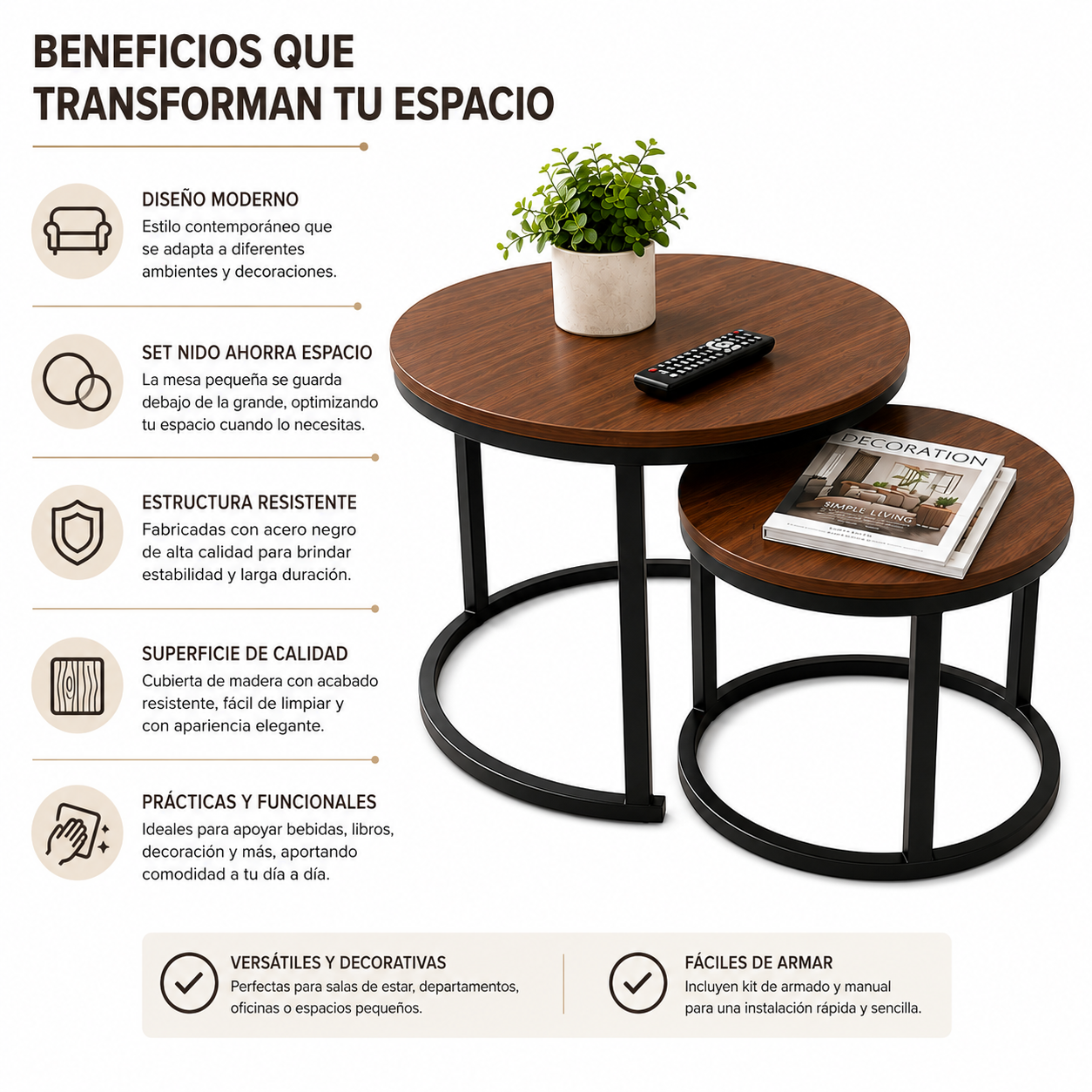 Set de 2 Mesas Nido Redondas para Living y Sala de Estar Mesa Auxiliar 70 y 50 cm-6