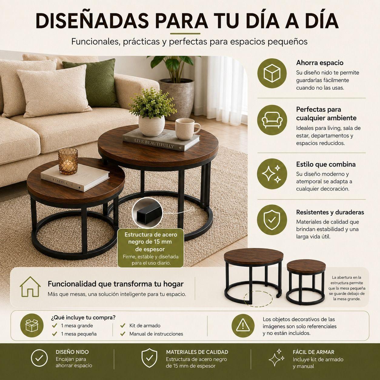 Set de 2 Mesas Nido Redondas para Living y Sala de Estar Mesa Auxiliar 70 y 50 cm-7