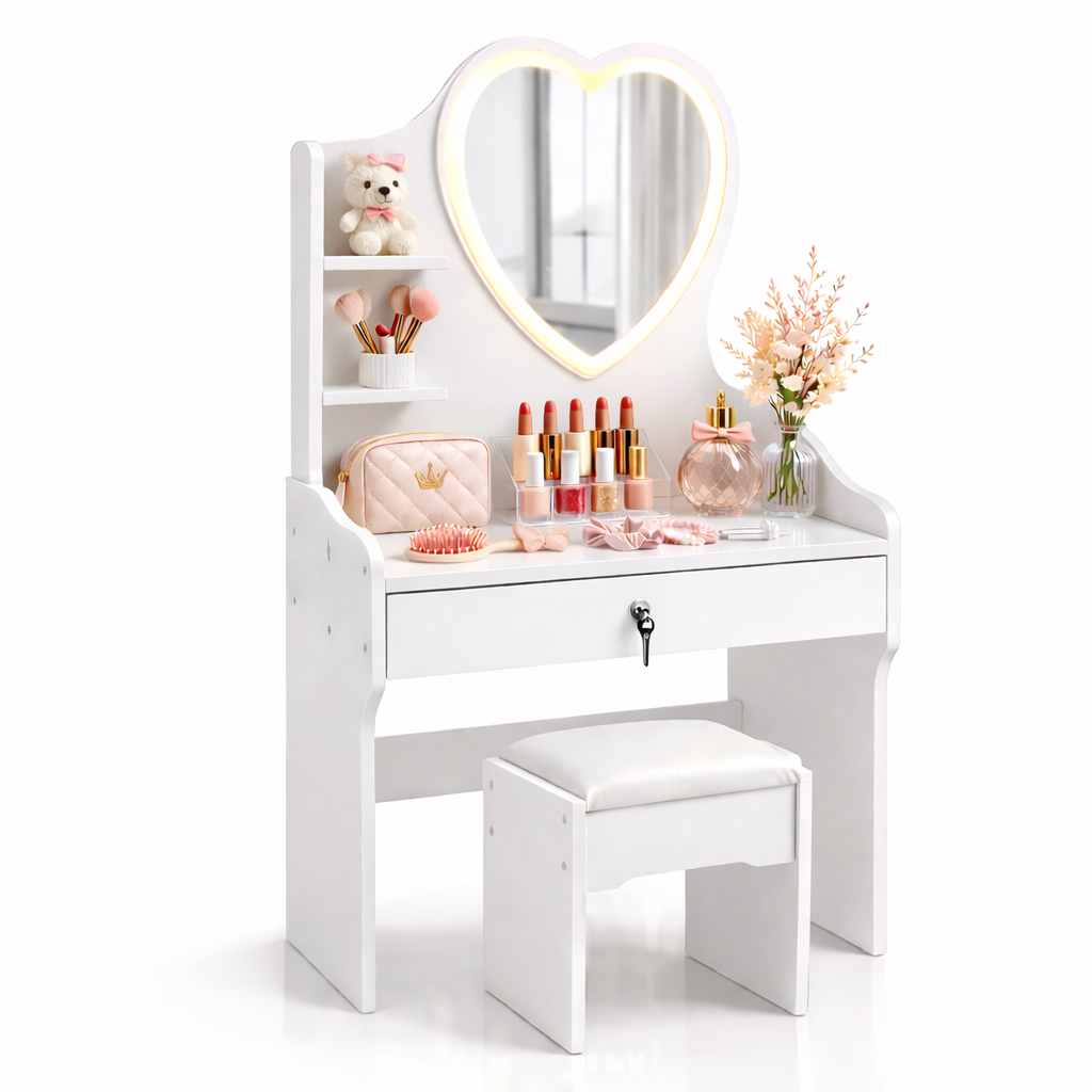 Tocador Infantil Ni a Blanco con Espejo LED y Taburete 60x33x122 cm Cajones con Llave-0