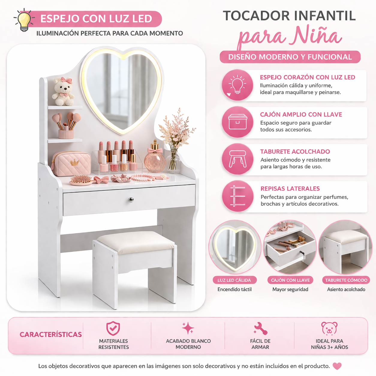 Tocador Infantil Ni a Blanco con Espejo LED y Taburete 60x33x122 cm Cajones con Llave-1