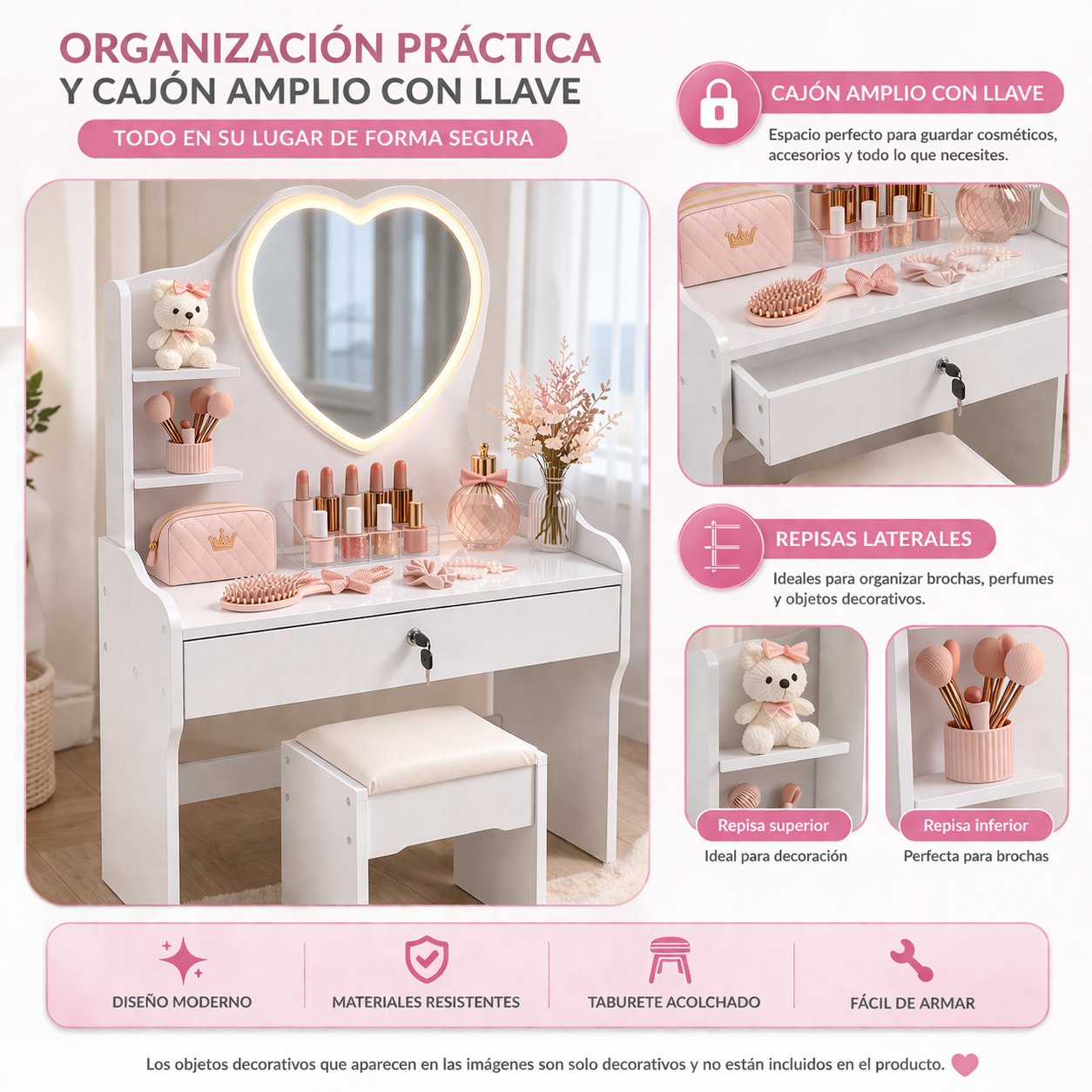 Tocador Infantil Ni a Blanco con Espejo LED y Taburete 60x33x122 cm Cajones con Llave-2