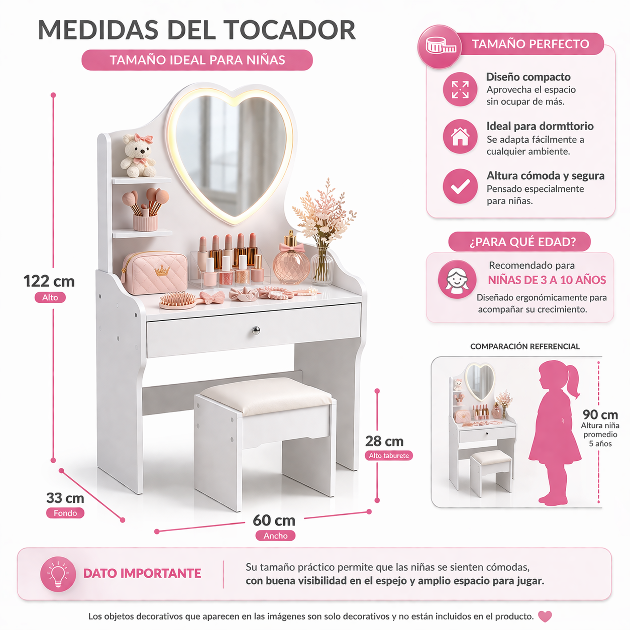 Tocador Infantil Ni a Blanco con Espejo LED y Taburete 60x33x122 cm Cajones con Llave-3
