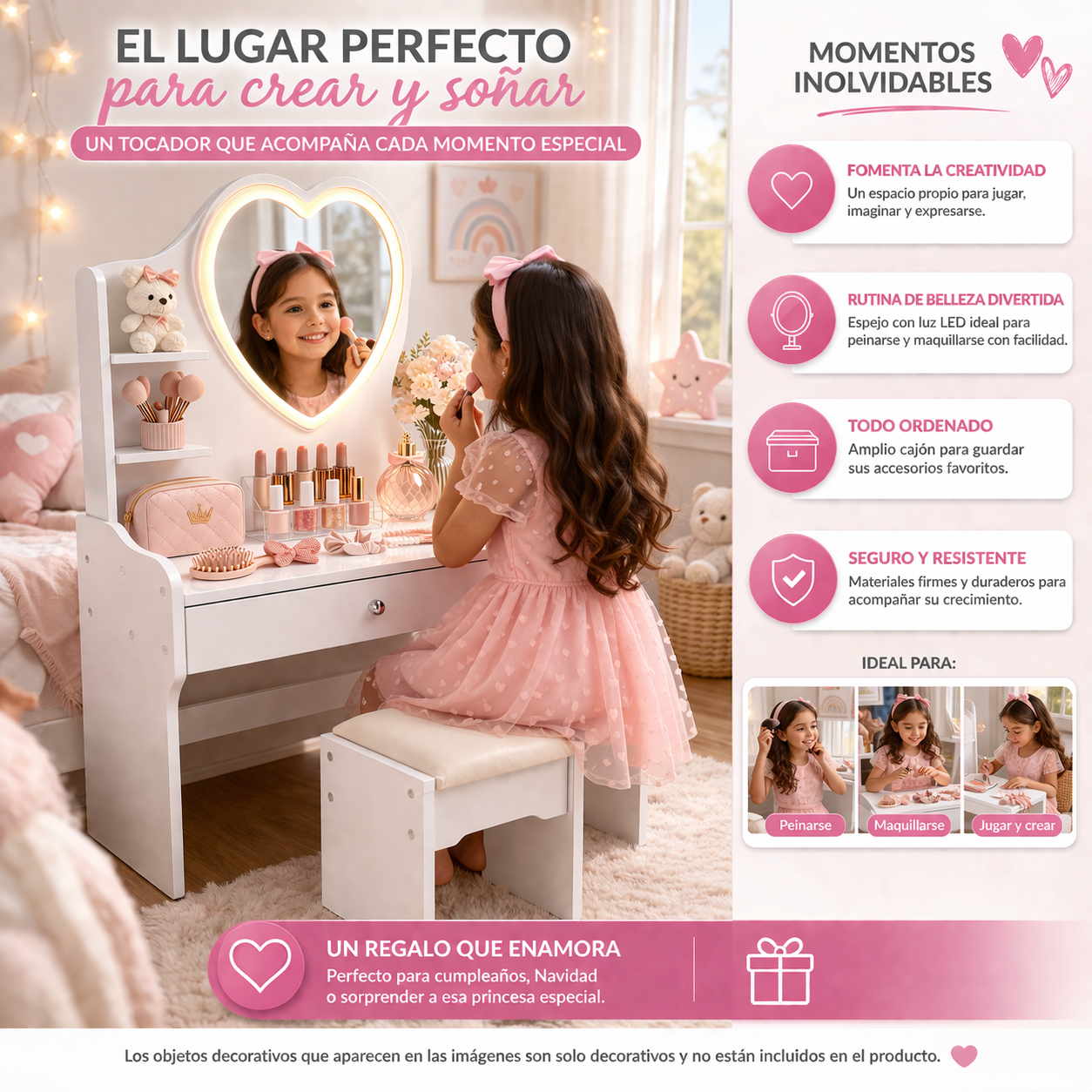 Tocador Infantil Ni a Blanco con Espejo LED y Taburete 60x33x122 cm Cajones con Llave-4