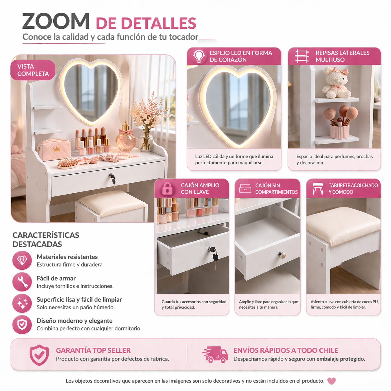 Tocador Infantil Ni a Blanco con Espejo LED y Taburete 60x33x122 cm Cajones con Llave-5