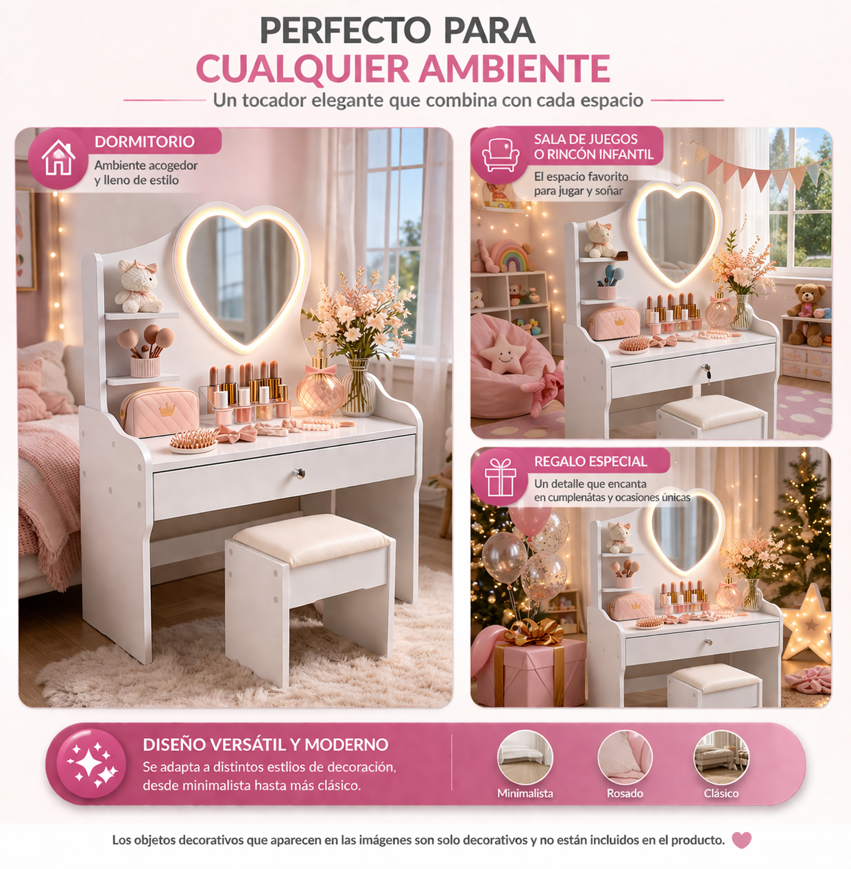 Tocador Infantil Ni a Blanco con Espejo LED y Taburete 60x33x122 cm Cajones con Llave-6