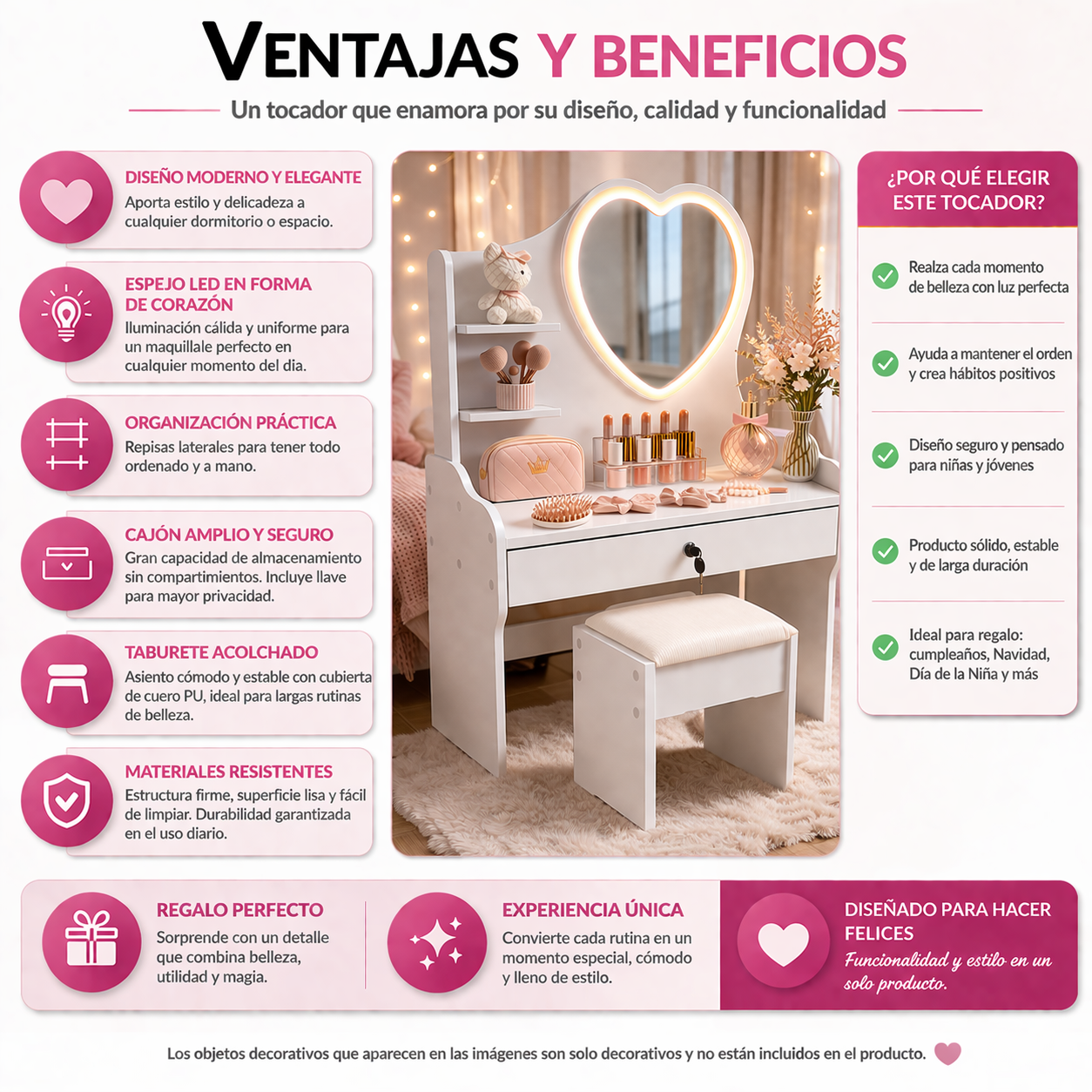 Tocador Infantil Ni a Blanco con Espejo LED y Taburete 60x33x122 cm Cajones con Llave-7