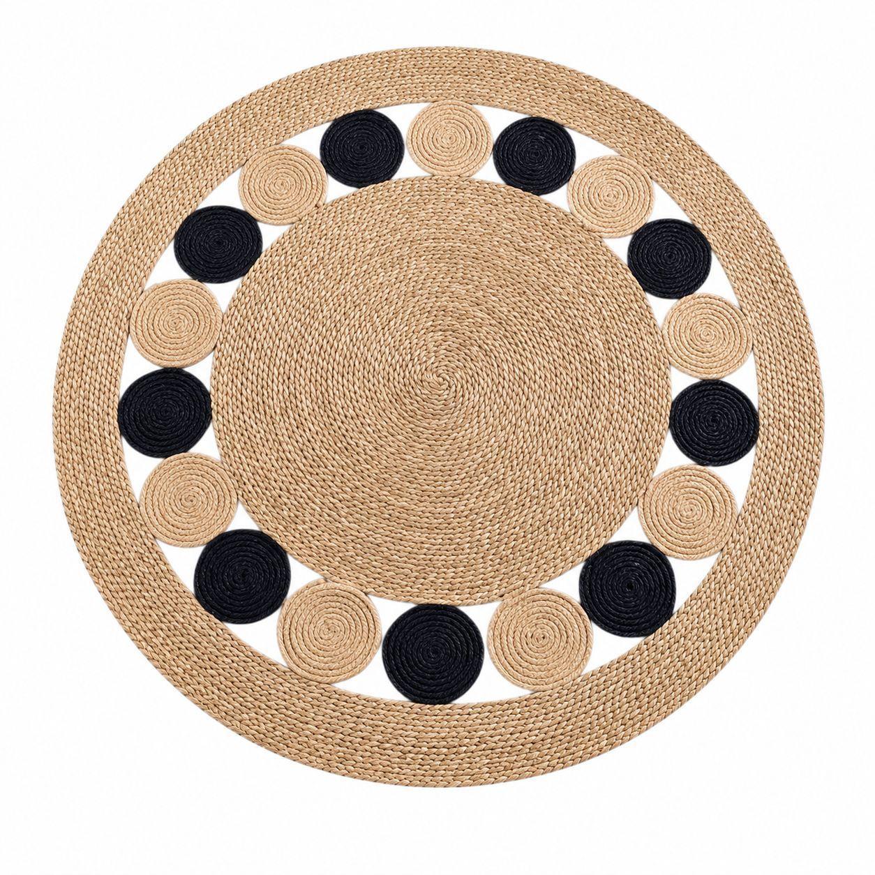 Alfombra Redonda de Yute 120 cm Beige y Negra Estilo Boho para Living y Dormitorio-0