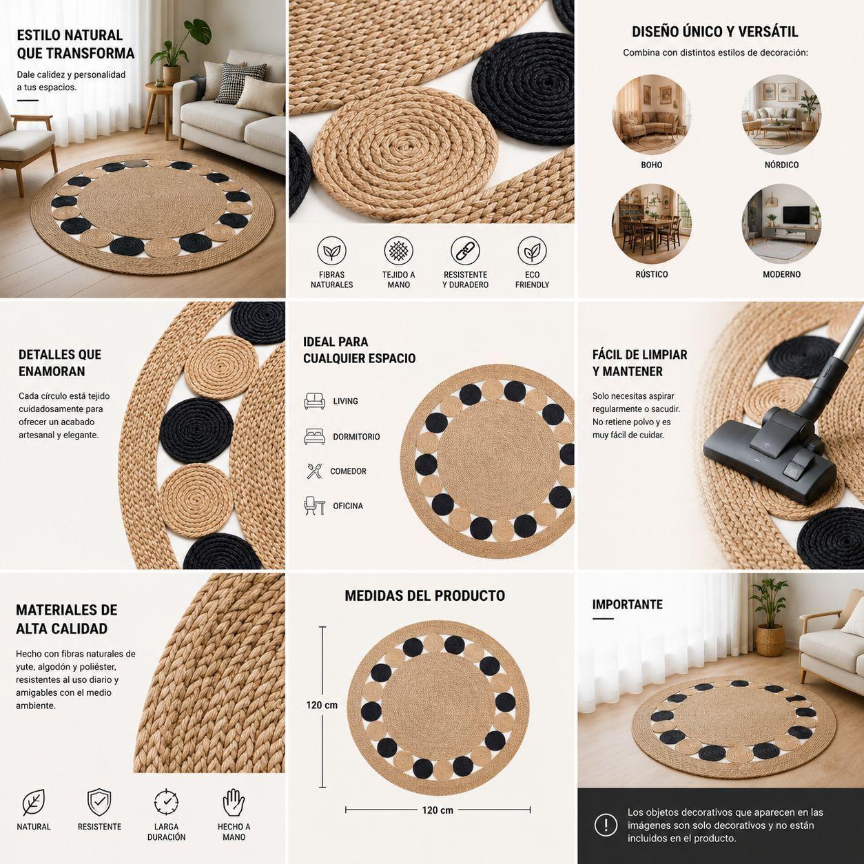 Alfombra Redonda de Yute 120 cm Beige y Negra Estilo Boho para Living y Dormitorio-1