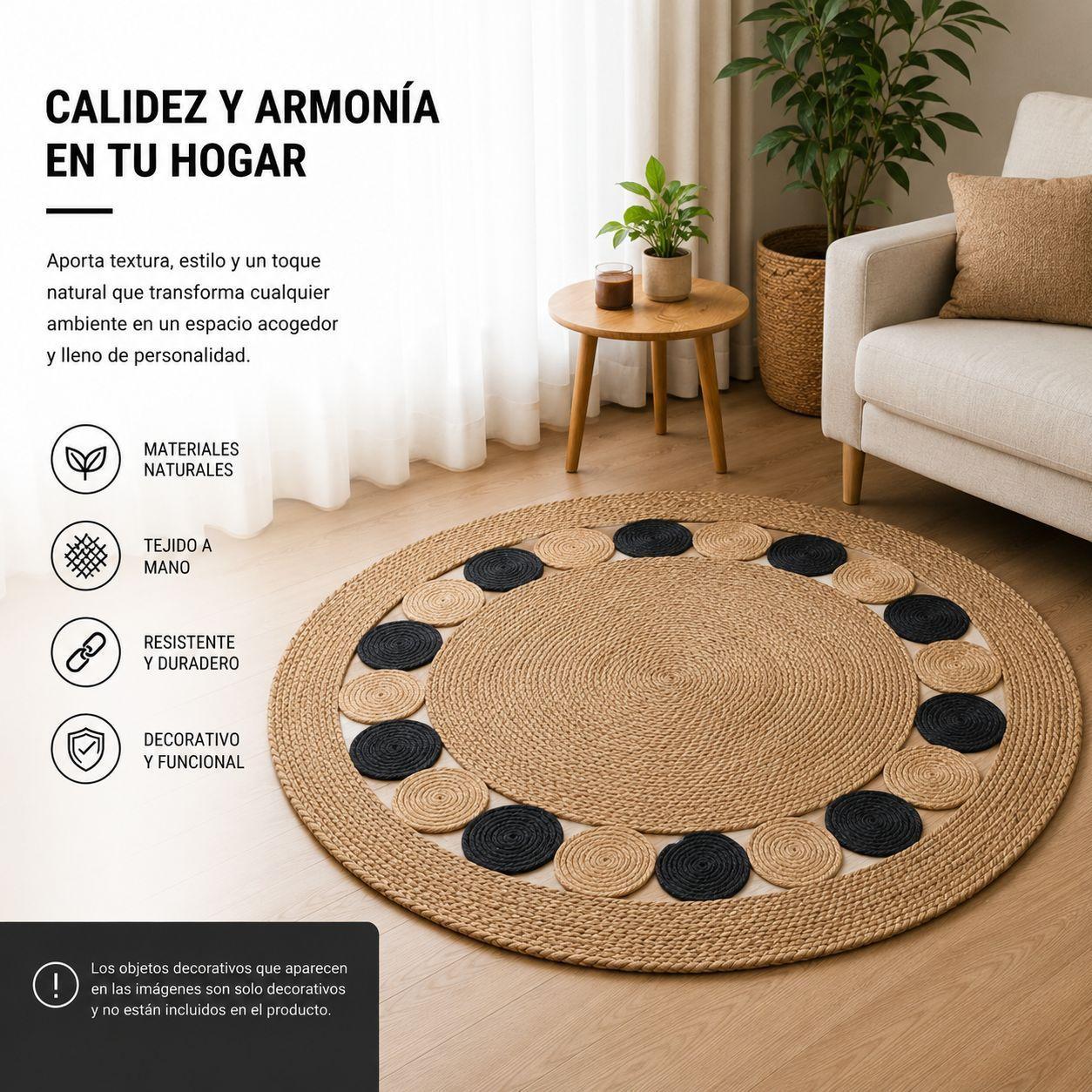 Alfombra Redonda de Yute 120 cm Beige y Negra Estilo Boho para Living y Dormitorio-2