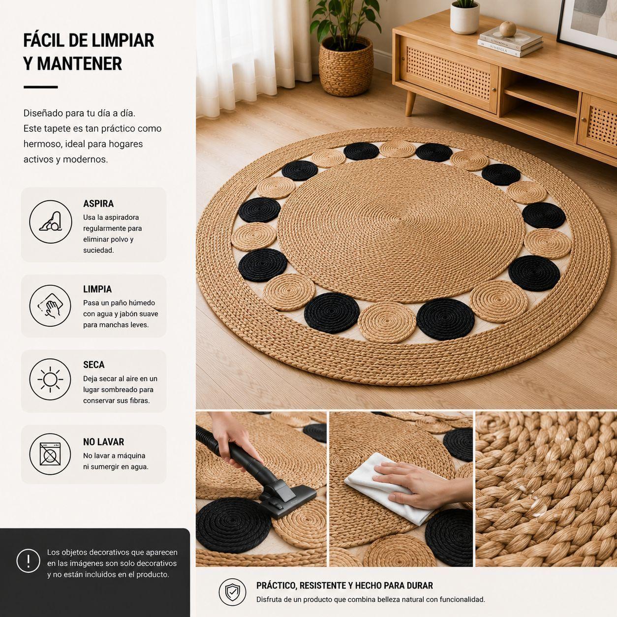 Alfombra Redonda de Yute 120 cm Beige y Negra Estilo Boho para Living y Dormitorio-3