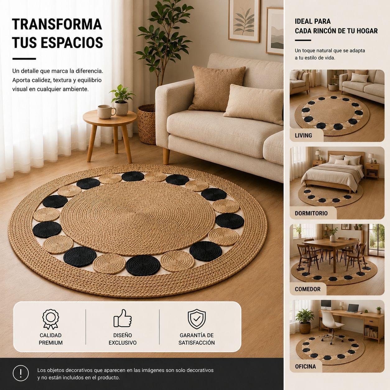 Alfombra Redonda de Yute 120 cm Beige y Negra Estilo Boho para Living y Dormitorio-4