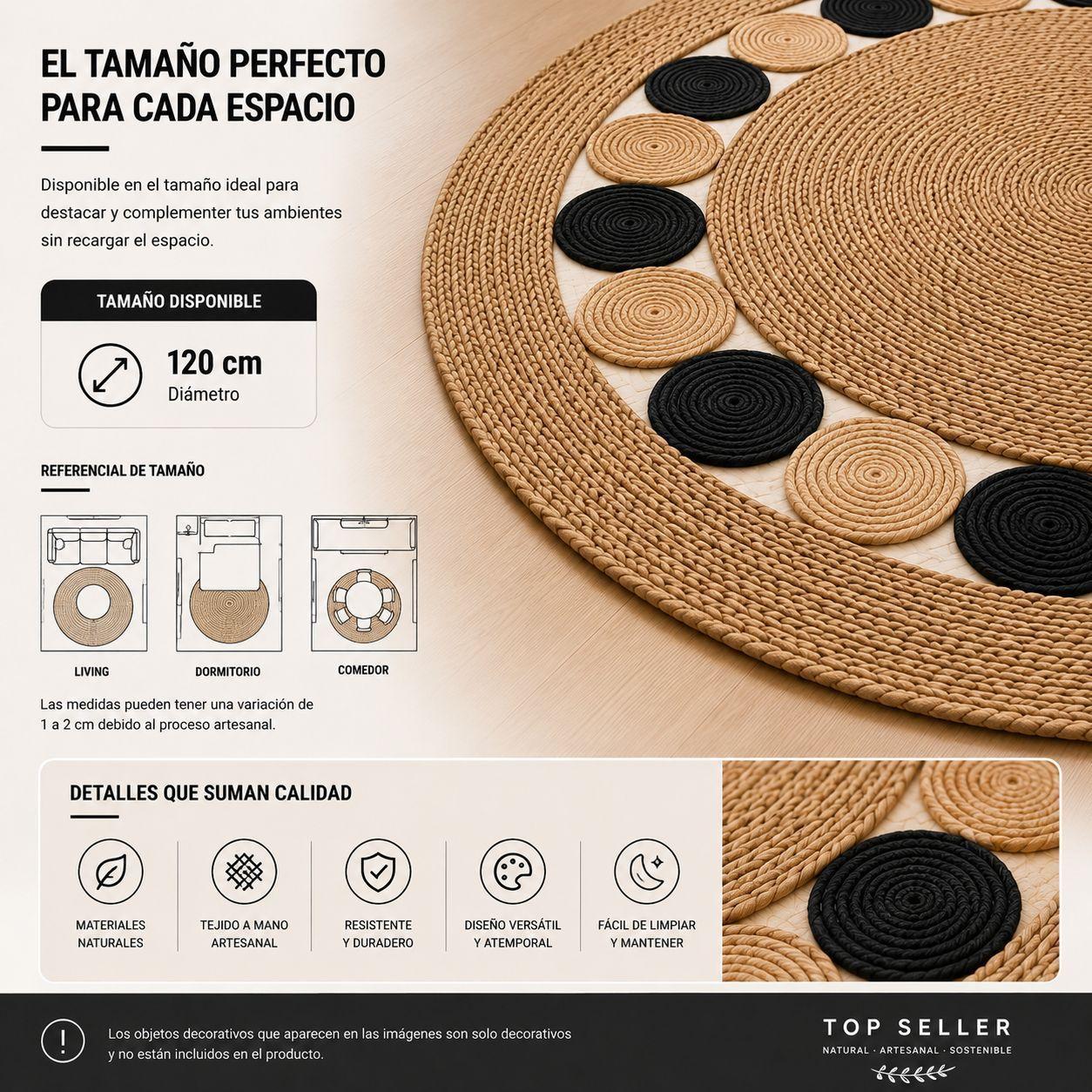 Alfombra Redonda de Yute 120 cm Beige y Negra Estilo Boho para Living y Dormitorio-5