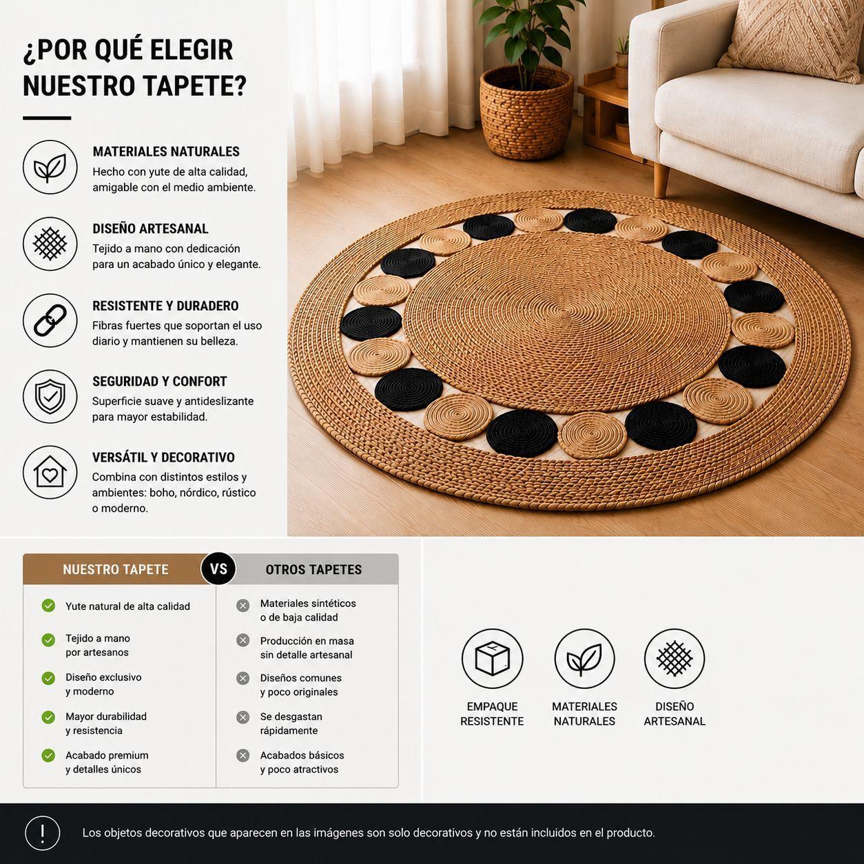 Alfombra Redonda de Yute 120 cm Beige y Negra Estilo Boho para Living y Dormitorio-6