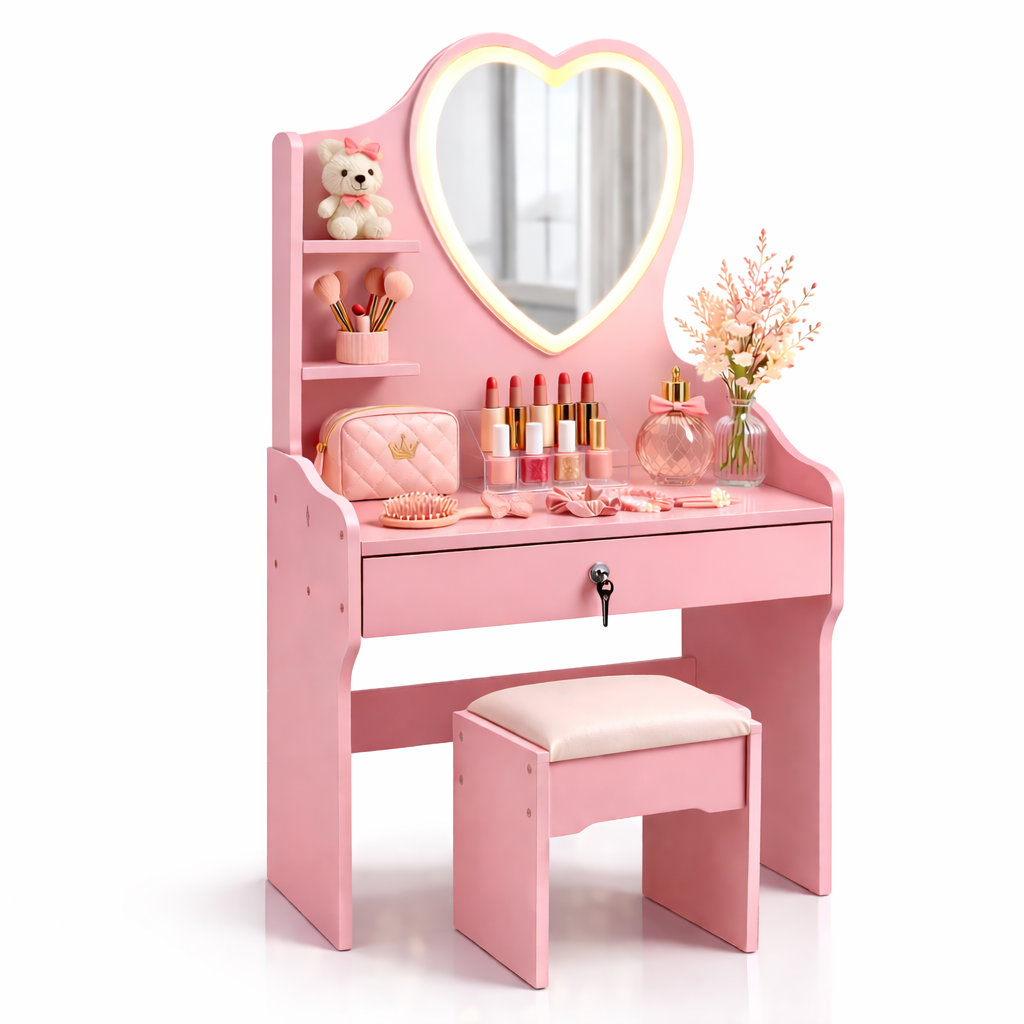 Tocador Infantil Ni a Rosado con Espejo LED y Taburete 60x33x122 cm Cajones con Llav-0