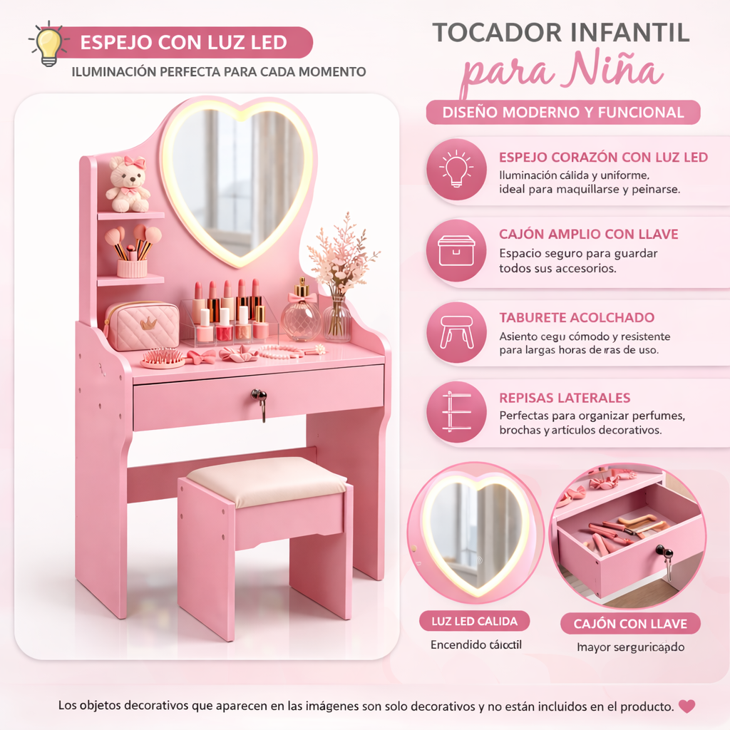 Tocador Infantil Ni a Rosado con Espejo LED y Taburete 60x33x122 cm Cajones con Llav-1