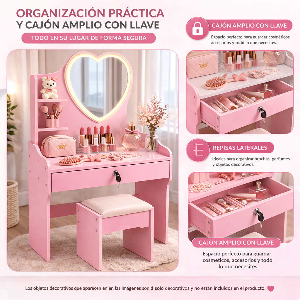 Tocador Infantil Ni a Rosado con Espejo LED y Taburete 60x33x122 cm Cajones con Llav-2