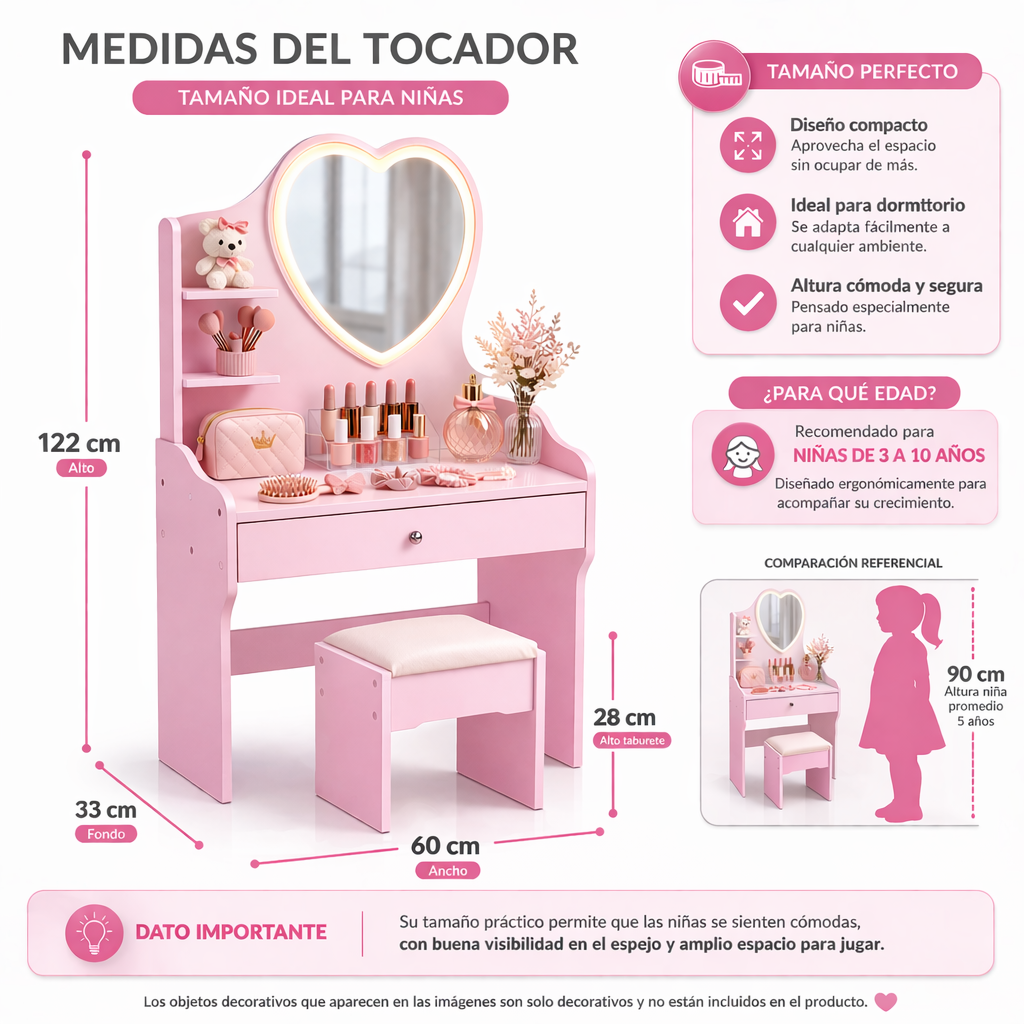 Tocador Infantil Ni a Rosado con Espejo LED y Taburete 60x33x122 cm Cajones con Llav-3