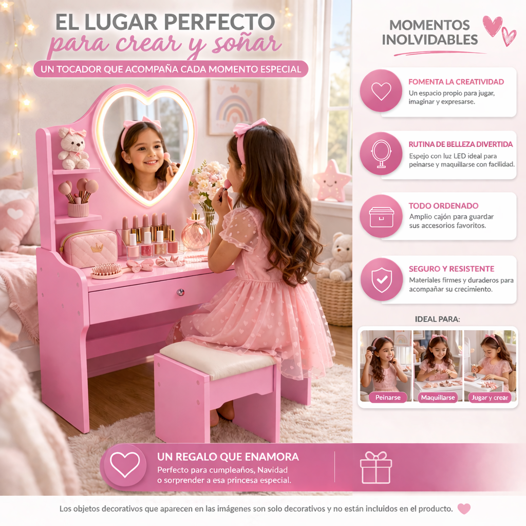 Tocador Infantil Ni a Rosado con Espejo LED y Taburete 60x33x122 cm Cajones con Llav-4