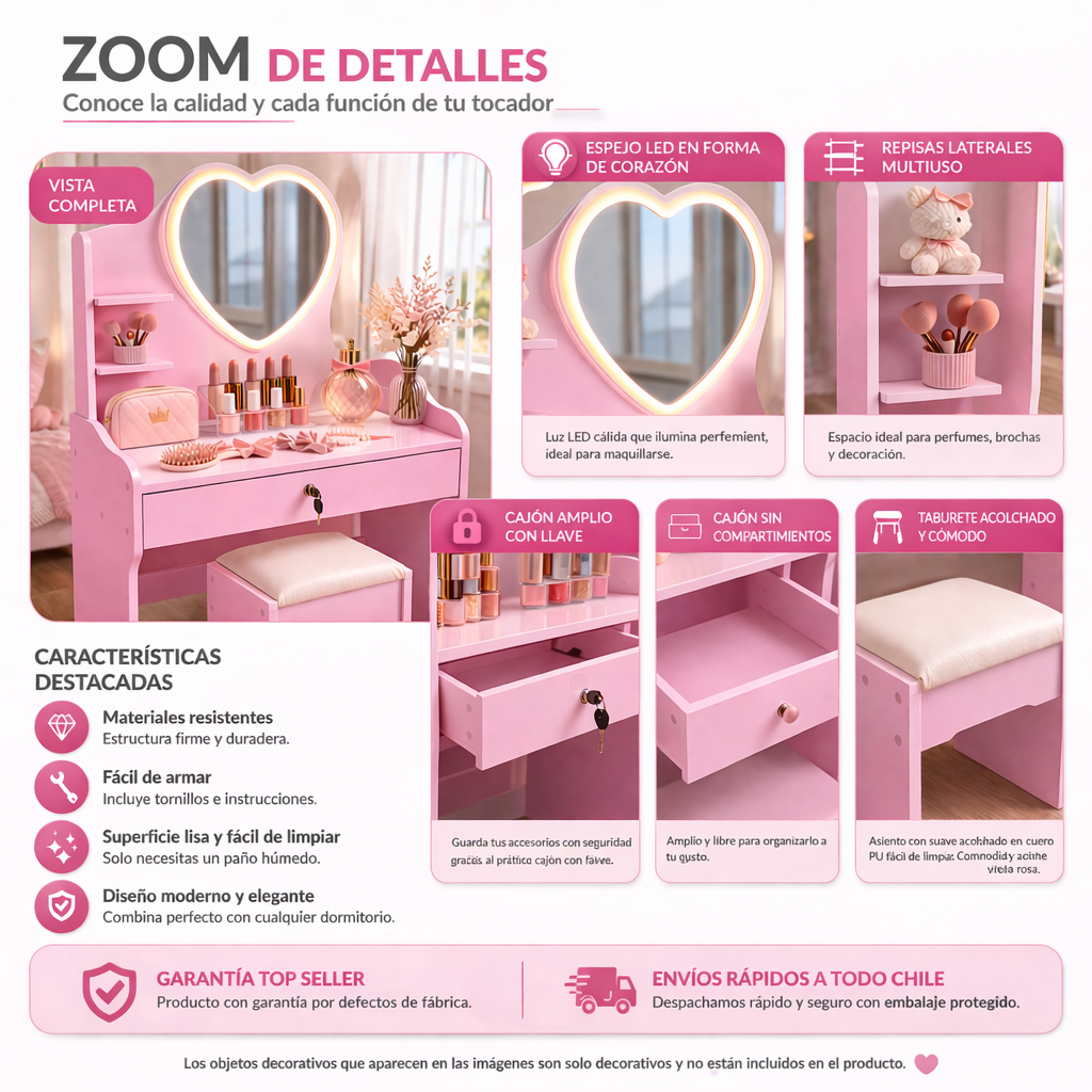 Tocador Infantil Ni a Rosado con Espejo LED y Taburete 60x33x122 cm Cajones con Llav-5