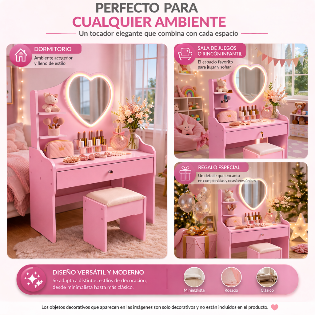 Tocador Infantil Ni a Rosado con Espejo LED y Taburete 60x33x122 cm Cajones con Llav-6