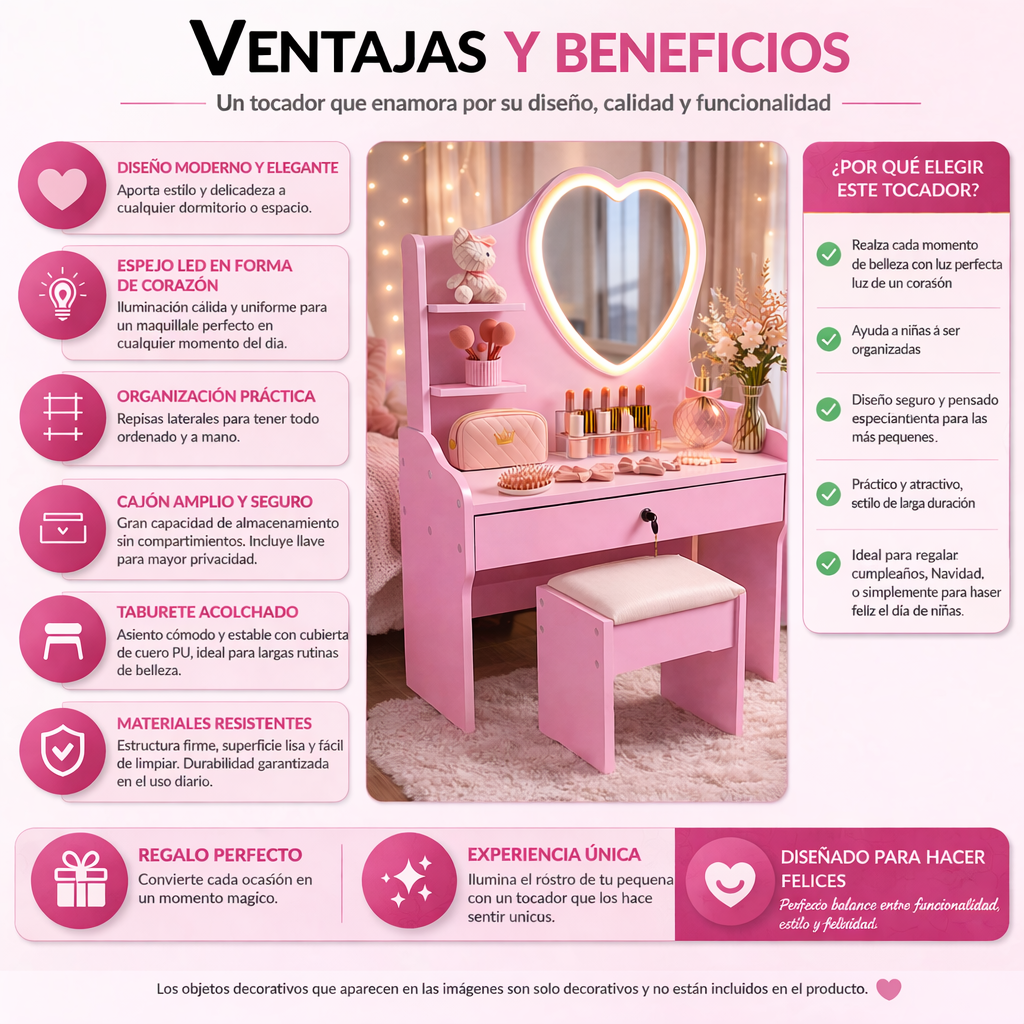 Tocador Infantil Ni a Rosado con Espejo LED y Taburete 60x33x122 cm Cajones con Llav-7