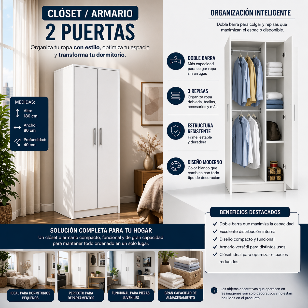 Closet Armario Organizador De Ropa 2 Puertas 180x80x40 cm Con Doble Barra Y Repisas Blanco-2