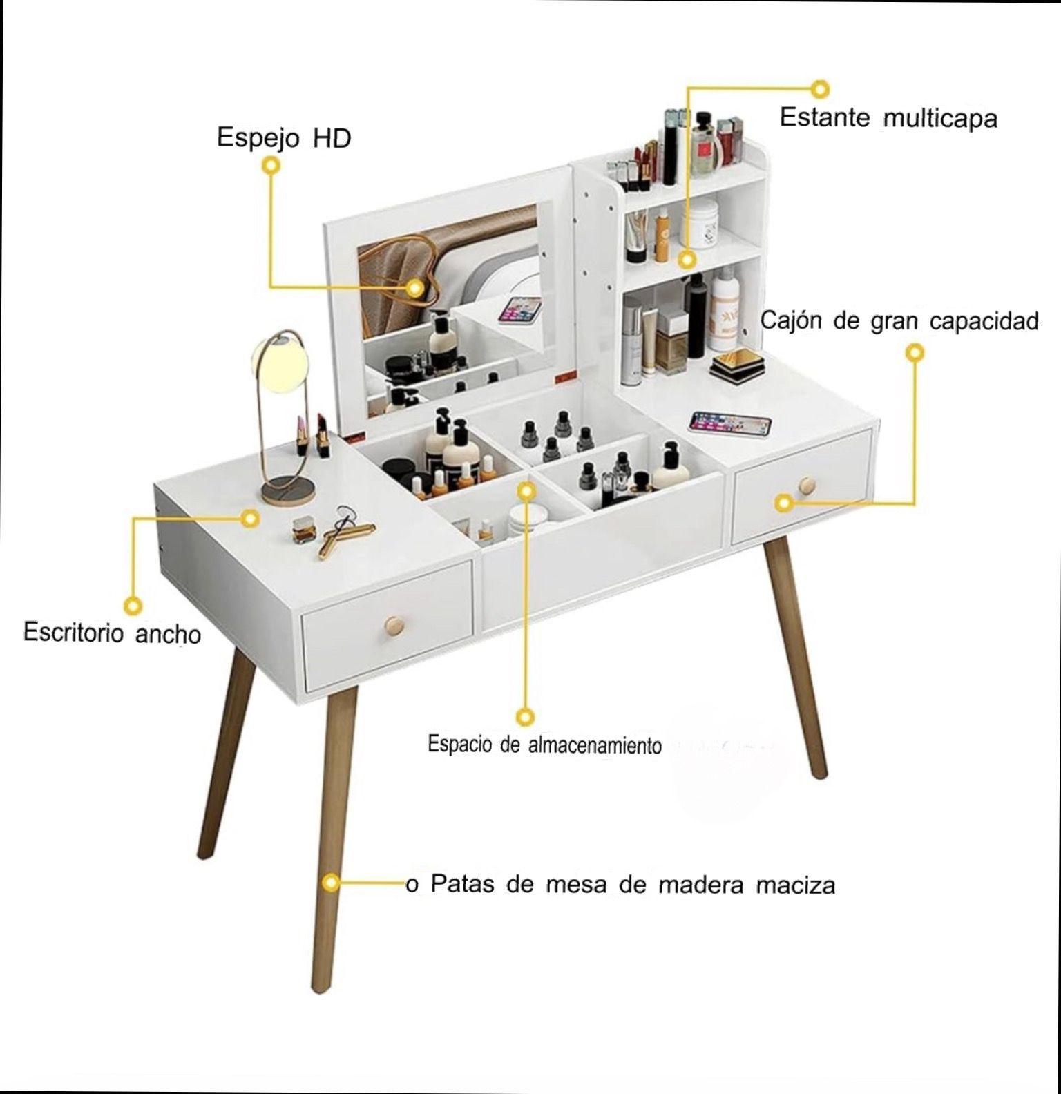 Tocador Blanco Con Repisa Espejo Silla Y Cajones-1