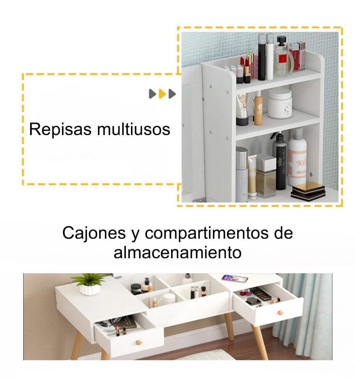 Tocador Blanco Con Repisa Espejo Silla Y Cajones-3