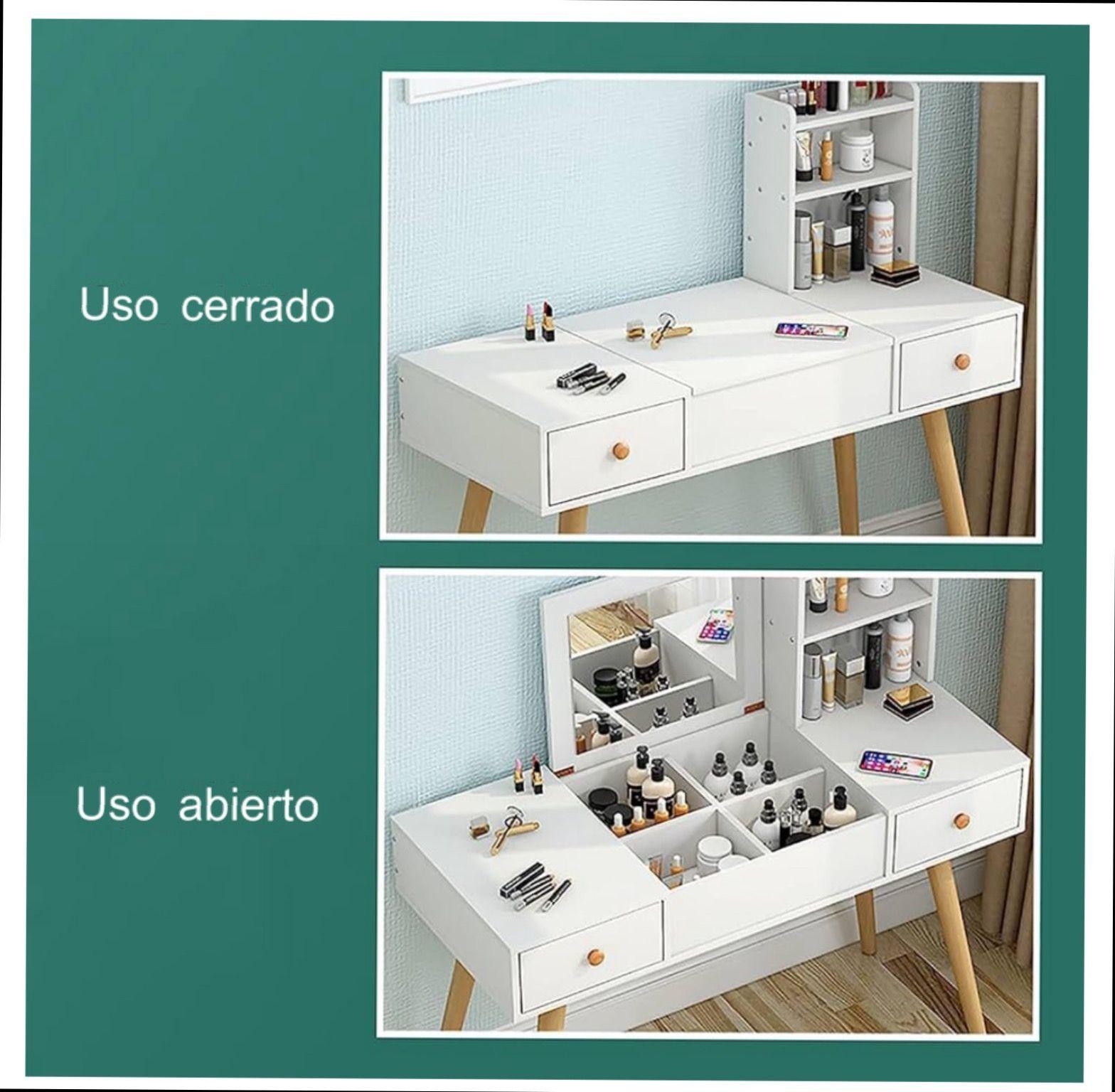 Tocador Blanco Con Repisa Espejo Silla Y Cajones-5